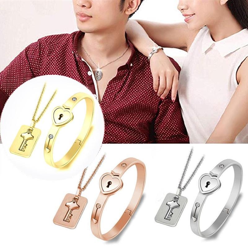 Couple Stainless Steel Love Heart Lock Bracelet with Key Pendant Necklace  Set