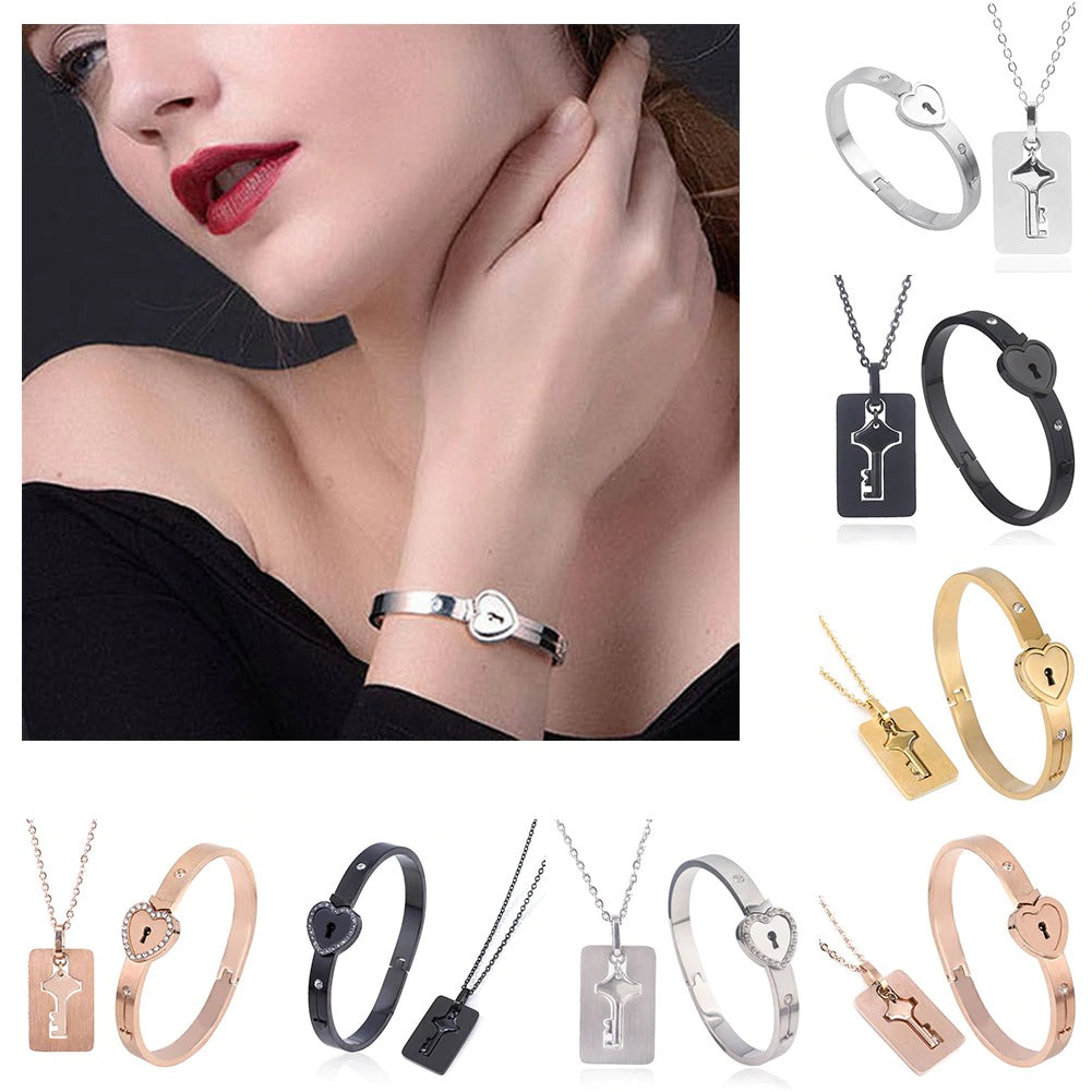 Uloveido Black Stainless Steel CZ Pave Heart Lock Bracelet Bangle & Shield  Key Necklace Couples Jewelry Gifts for Boyfriend Girlfriend Y474-Black -  Walmart.com
